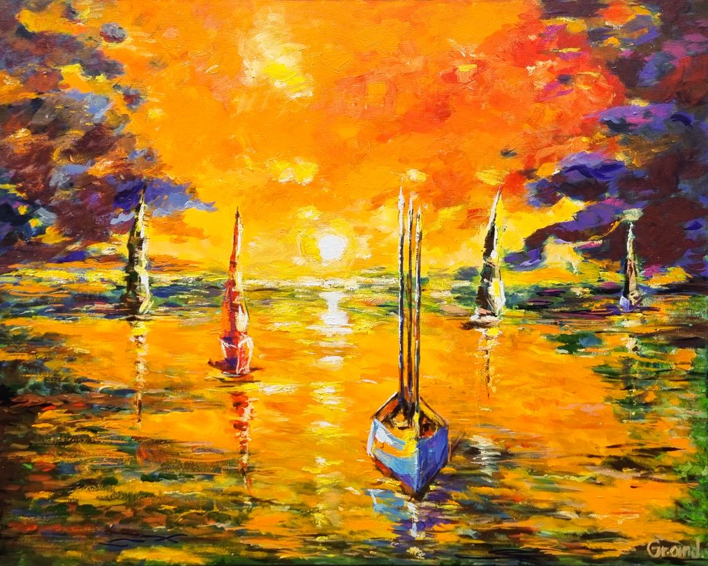 tablou, pictura originala in acrylic pe panza, barci pe mare la apus de soare